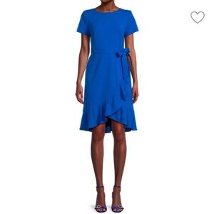 Calvin Klein Dress. Blue. Size: 14. Tie waist. Ruffle hem. Short Sleeve. NWOT.